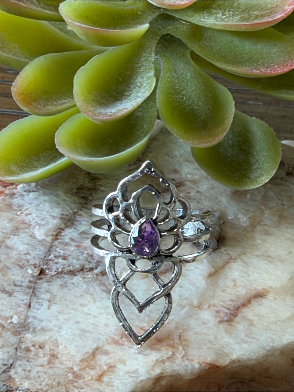 Lotus Teardrop Ring with Purple Stone